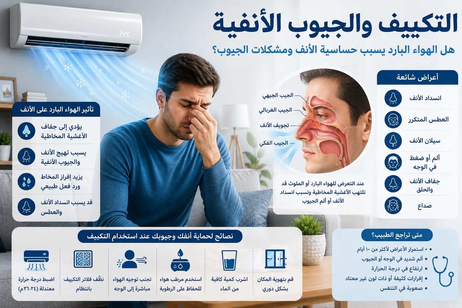 التكييف والجيوب الأنفية هل الهواء البارد يسبب حساسية الأنف ومشكلات الجيوب؟