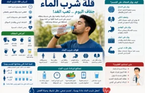شخص يشرب الماء مع توضيح آثار الجفاف وفوائد الترطيب.