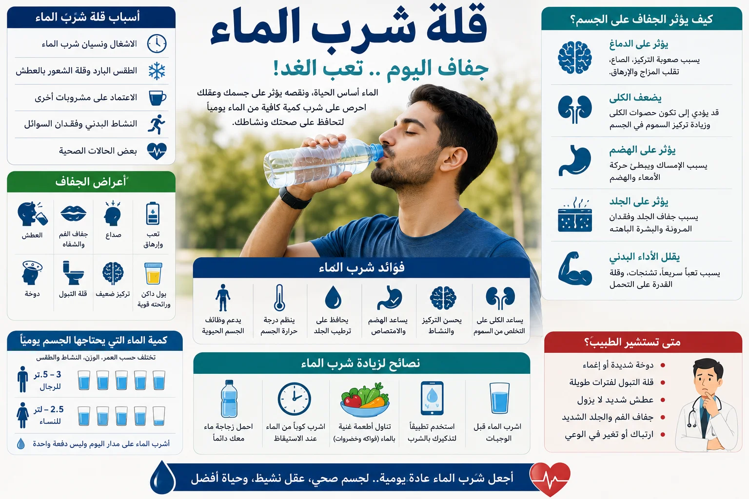 شخص يشرب الماء مع توضيح آثار الجفاف وفوائد الترطيب.
