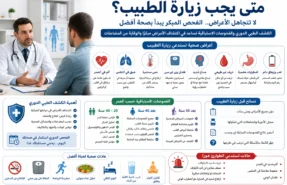 طبيب يجري فحصًا طبيًا مع أيقونات توضح الفحوصات الاستباقية والأعراض الصحية.