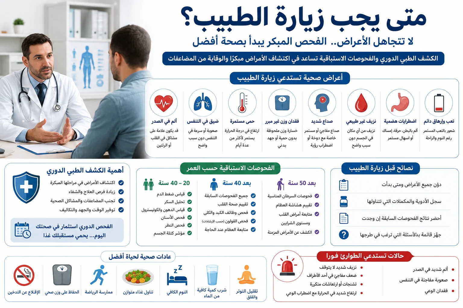طبيب يجري فحصًا طبيًا مع أيقونات توضح الفحوصات الاستباقية والأعراض الصحية.