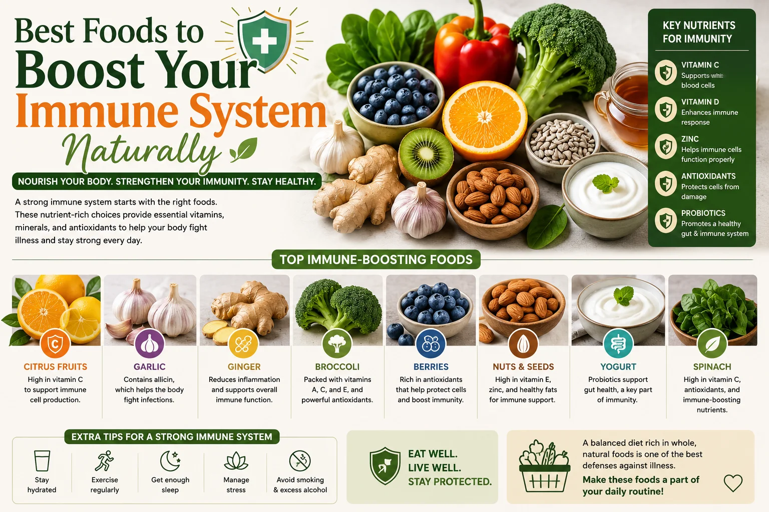 the best immune-boosting foods, including citrus fruits, garlic, ginger, broccoli, berries, yogurt, spinach, and nuts, with key nutrients such as vitamin C, vitamin D, zinc, antioxidants